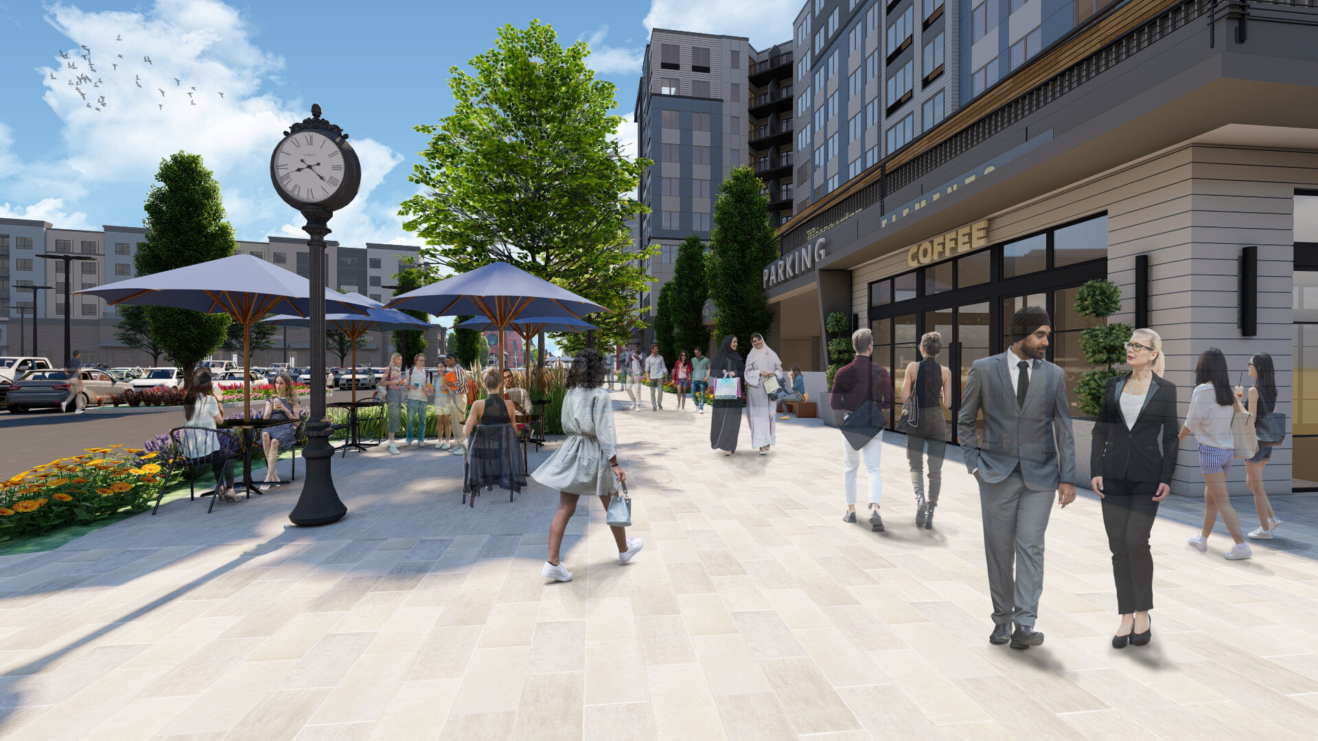 An exterior rendering of the central pedestrian promenade with sidewalk seating and ground-floor retail